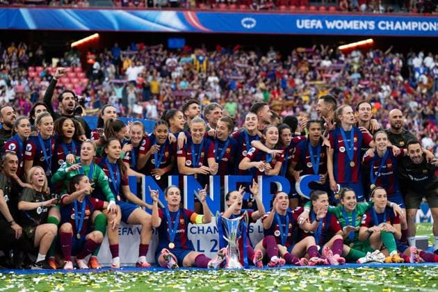 240525 Players of Barcelona celebrate after the UEFA Women s Champions League final between Barcelona and Lyon on May 25, 2024 in Bilbao. Photo: Ludvig Thunman BILDBYRAN kod LT LT0620 fotboll football soccer fotball champions league barcelona lyon dam bbeng final champions league final final 2024 jubel Copyright: LUDVIGxTHUNMAN BB240525LT161