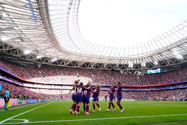 ESP: FC Barcelona, Barca v Olympique Lyonnais. UEFA Women™s Champions League. Final FC Barcelona players celebrating the 2-0 scored by Alexia Putellas during the UEFA Women™s Champions League Final match between FC Barcelona and Olympique Lyonnais played at San Mames Stadium on May 25, 2024 in Bilbao Spain. kpng Copyright: xBaguxBlancox xPRESSINPHOTOx PS_240525_522