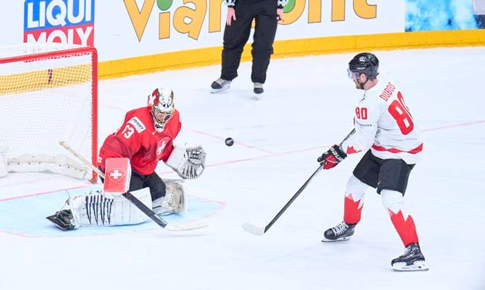 Pierre-Luc Dubois Nr. 80 of Canada failed against Leonardo Genoni Nr. 63 of Switzerland in the penalty shootout of the semi final match CANADA - SWITZERLAND of the IIHF Ice hockey, Eishockey World Championship, WM, Weltmeisterschaft in Prague, Czechia, May 25, 2024, Season 2023 2024