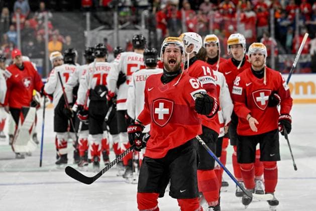 PRAGUE, CZECH REPUBLIC - MAY 25: Tristan Scherwey of Switzerland celebrate the victory during the 2024 IIHF Ice hockey, Eishockey World Championship, WM, Weltmeisterschaft Czechia Semifinal match between Canada and Switzerland at Prague Arena on May 25, 2024 in Prague, Czech Republic. Prague Prague Arena Czech Republic Copyright: xJustPictures.ch AndreaxBrancax jp-en-EuSpIm-AB_25052024_AAB_6605
