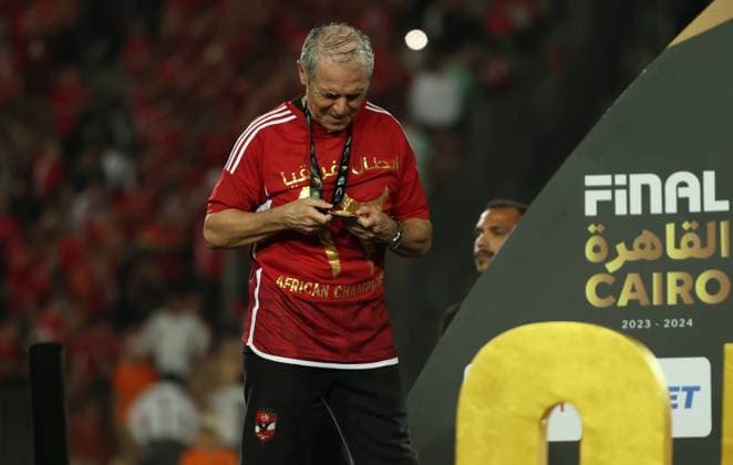 CAIRO, EGYPT - MAY 25: head coach Marcel Koller celebrate on stage with a trophy after wining the CAF Champions League Final Second Leg match between Al Ahly and Esperance Sportive Tunis at Cairo International Stadium on May 25, 2024 in Cairo, Al Ahly v Esperance Sportive Tunis: Final Second Leg - CAF Champions League Copyright: xPhotoxbyxM.Bayoumy SFSIx