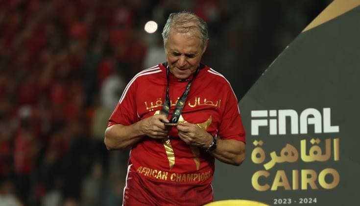 CAIRO, EGYPT - MAY 25: head coach Marcel Koller celebrate on stage with a gold medal after wining the CAF Champions League Final Second Leg match between Al Ahly and Esperance Sportive Tunis at Cairo International Stadium on May 25, 2024 in Cairo, Al Ahly v Esperance Sportive Tunis: Final Second Leg - CAF Champions League Copyright: xPhotoxbyxM.Bayoumy SFSIx