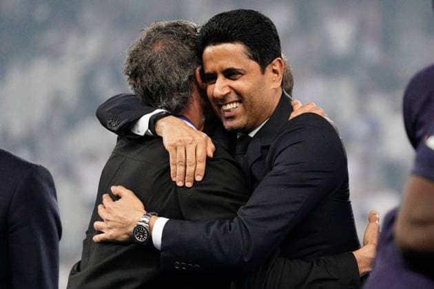 PSG president Nasser Al-Khelaifi embraces PSG coach Luis Enrique Lyon v Paris Saint-Germain, Coupe de France, Final, Football, Stade Pierre-Mauroy, Lille, Paris - 25 May 2024 EDITORIAL USE ONLY No use with unauthorised audio, video, data, fixture lists, club league logos or live services. Online in-match use limited to 120 images, no video emulation. No use in betting, games or single club league player publications. Copyright: xDavexWinter Shutterstockx 14506126mt