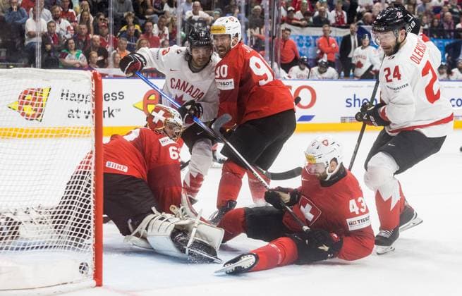 Canada v Switzerland - IIHF Ice hockey, Eishockey World Championship, WM, Weltmeisterschaft Semi-final Leonardo Genoni, Brandon Tanev, and Jamie Oleksiak are playing during the IIHF Ice Hockey World Championship semi-final, Canada vs. Switzerland match in Prague, Czech Republic, on May 25, 2024. Prague Czech Republic  Copyright: xFotoxOlimpikx originalFilename:jastrzebowski-canadavs240525_nppwU.jpg