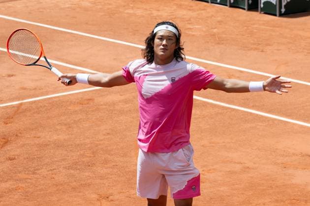 (240526) -- PARIS, May 26, 2024 -- Zhang Zhizhen of China celebrates after winning the men s singles first round match between Zhang Zhizhen of China and Aleksandar Vukic of Australia at the French Open tennis tournament at Roland Garros, Paris, France, May 26, 2024. ) (SP)FRANCE-PARIS-TENNIS-FRENCH OPEN-MEN S SINGLES MengxDingbo 