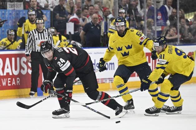 L-R Jamie Oleksiak (CAN), Linus Johansson (SWE) and Carl Grundstrom (SWE) in action during the 2024 IIHF World Championship, WM, Weltmeisterschaft match for the third place, Sweden vs Canada, in Prague, Czech Republic, on May 26, 2024. (CTKxPhoto MichalxKamaryt) CTKPhotoP2024052604185  CTKPhotoP2024052604185
