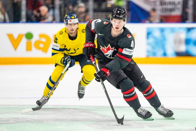 PRAGUE, CZECH REPUBLIC - MAY 26: Bowen Byram of Canada in action during 2024 IIHF Ice hockey, Eishockey World Championship, WM, Weltmeisterschaft Czechia Third Place Match between Sweden and Canada at Prague Arena on May 26, 2024 in Prague, Czech Republic. Prague Prague Arena Czech Republic Copyright: xJustPictures.ch JarixPestelaccix jp-en-EuSpIm-JP4_JAR_Sweden_Canada_26May_2024120