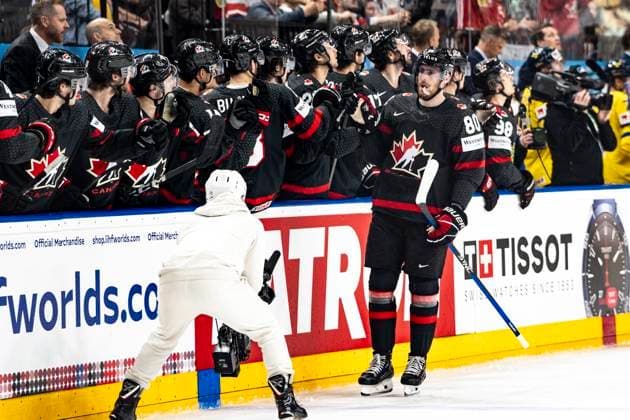 PRAGUE, CZECH REPUBLIC - MAY 26: Pierre-Luc Dubois of Canada celebrates his goal during 2024 IIHF Ice hockey, Eishockey World Championship, WM, Weltmeisterschaft Czechia Third Place Match between Sweden and Canada at Prague Arena on May 26, 2024 in Prague, Czech Republic. Prague Prague Arena Czech Republic Copyright: xJustPictures.ch JarixPestelaccix jp-en-EuSpIm-JP4_JAR_Sweden_Canada_26May_2024174