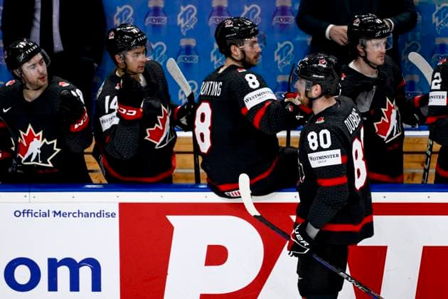 Pierre-Luc Dubois (CAN) celebrates a goal during the 2024 IIHF World Championship, WM, Weltmeisterschaft match for the third place, Sweden vs Canada, in Prague, Czech Republic, on May 26, 2024. (CTKxPhoto OndrejxDeml) CTKPhotoP2024052604514  CTKPhotoP2024052604514