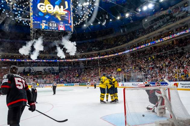 PRAGUE, CZECH REPUBLIC - MAY 26: Sweden celebrates Carl Grundstrom of Sweden goal during 2024 IIHF Ice hockey, Eishockey World Championship, WM, Weltmeisterschaft Czechia Third Place Match between Sweden and Canada at Prague Arena on May 26, 2024 in Prague, Czech Republic. Prague Prague Arena Czech Republic Copyright: xJustPictures.ch JarixPestelaccix jp-en-EuSpIm-JP4_JAR_Sweden_Canada_26May_2024186