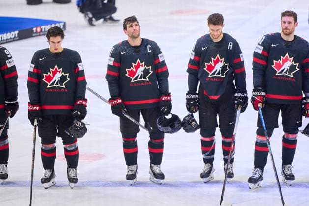 Team CAN with Olen Zellweger CAN 3 John Tavares CAN 91 Damon Severson CAN 78 sad in the Bronze Medal game SWEDEN - CANADA 3-2 of the IIHF Ice hockey, Eishockey World Championship, WM, Weltmeisterschaft in Prague, Czechia, May 26, 2024, Season 2023 2024