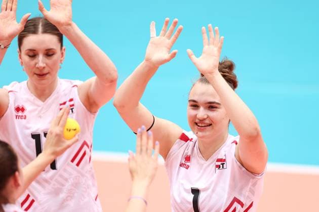 VOLLEYBALL - CEV Golden League, AUT vs UKR SCHWECHAT,AUSTRIA,26.MAY.24 - VOLLEYBALL - CEV European Golden League, ladies, Austria vs Ukraine. Image shows Monika Chrtianska and Nicole Holzinger (AUT).  GEPAxpictures xArminxRauthner