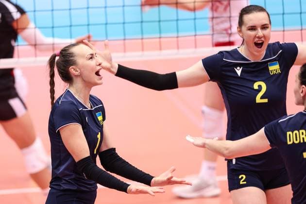 VOLLEYBALL - CEV Golden League, AUT vs UKR SCHWECHAT,AUSTRIA,26.MAY.24 - VOLLEYBALL - CEV European Golden League, ladies, Austria vs Ukraine. Image shows the rejoicing of Oleksandra Milenko and Diana Meliushkyna (UKR).  GEPAxpictures xArminxRauthner