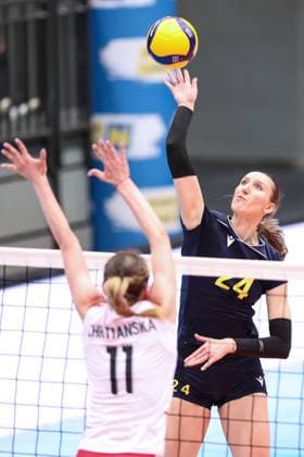 VOLLEYBALL - CEV Golden League, AUT vs UKR SCHWECHAT,AUSTRIA,26.MAY.24 - VOLLEYBALL - CEV European Golden League, ladies, Austria vs Ukraine. Image shows Monika Chrtianska (AUT) and Anastasia Kraiduba (UKR).  GEPAxpictures xArminxRauthner