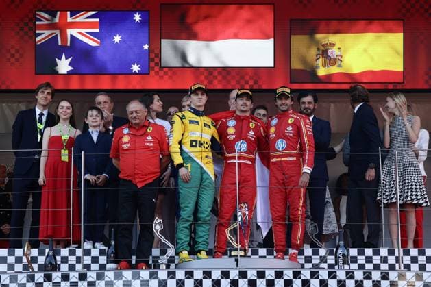 F1 Grand Prix Of Monaco 2024 Frederic Vasseur, Oscar Piastri of McLaren, Charles Leclerc of Ferrari and Carlos Sainz of Ferrari after Grand Prix of Monaco at Circuit de Monaco in Monaco on May 26, 2023. Monaco Monaco  Copyright: xJakubxPorzyckix originalFilename:porzycki-f1grandp240526_np1U0.jpg