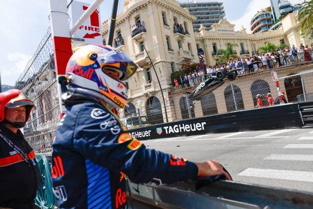 11 Sergio Perez (MEX, Oracle Red Bull Racing) after his crash, Damaged car of 20 Kevin Magnussen (DNK, MoneyGram Haas F1) in the background, F1 Grand Prix of Monaco at Circuit de Monaco on May 26, 2024 in Monte-Carlo, Monaco. (Photo by HOCH ZWEI) Monte-Carlo Monaco