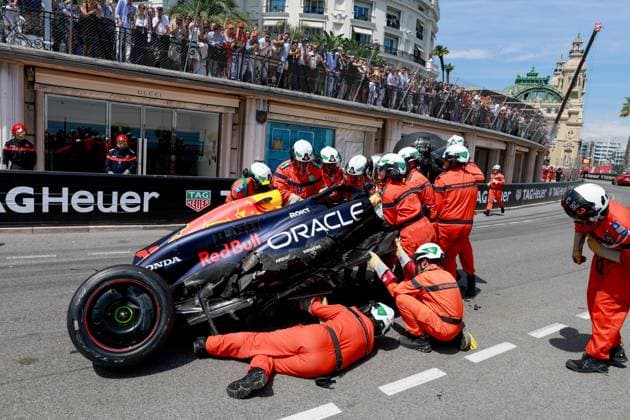 Damaged car of 11 Sergio Perez (MEX, Oracle Red Bull Racing), F1 Grand Prix of Monaco at Circuit de Monaco on May 26, 2024 in Monte-Carlo, Monaco. (Photo by HOCH ZWEI) Monte-Carlo Monaco