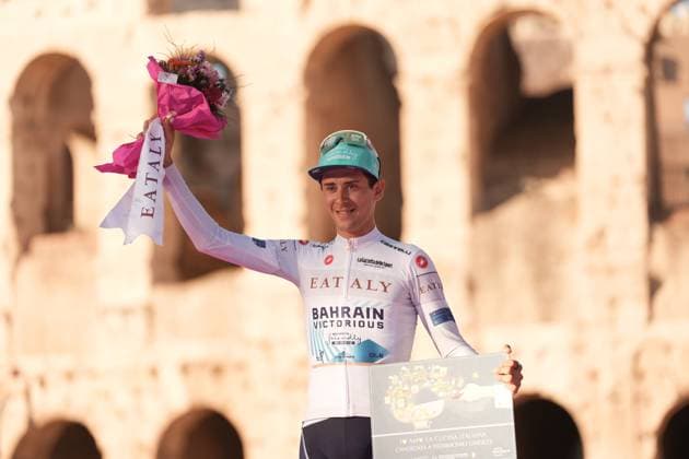 Tiberi Antonio (Team Bahrain -Victorius) white jersey on the podium during the stage 21 of the of the Giro d Italia from Rome to Rome, Italy. Sunday, May 26, 2024 cycling  Copyright: xMassimoxPaolonex xLaPressex