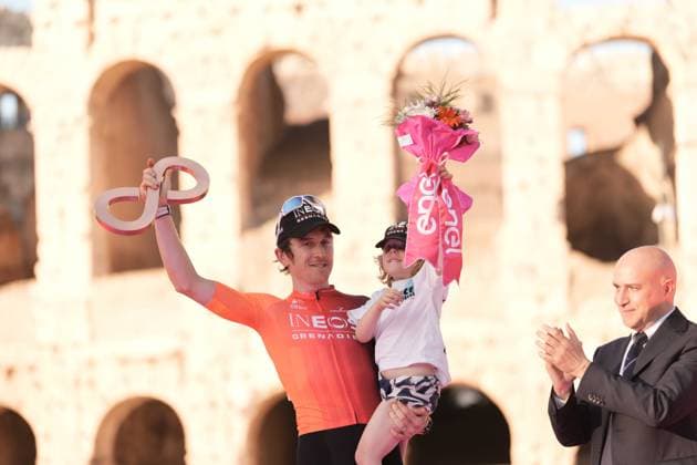 Thomas Geraint (Team Ineos Grenadiers) on the podium during the stage 21 of the of the Giro d Italia from Rome to Rome, Italy. Sunday, May 26, 2024 cycling  Copyright: xMassimoxPaolonex xLaPressex