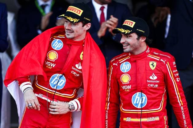 First place Charles Leclerc of Monaco and Ferrari and Third Place Carlos Sainz of Spain and Ferrari Feiern auf dem Podium, Race, F1 Grand Prix of Monaco, Monaco am 26. May 2024 in Monte Carlo, Monaco. (Foto von Diogo Cardoso DeFodi Images) First place Charles Leclerc of Monaco and Ferrari and Third Place Carlos Sainz of Spain and Ferrari celebrate on the podium, Race, F1 Grand Prix of Monaco, Monaco on May 26, 2024 in Monte Carlo, Monaco. (Photo by Diogo Cardoso DeFodi Images) Defodi-645_f1mon20240526_0499