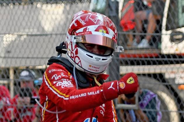 26.05.2024, xrarjax, Motorsport FIA Formel 1, Großer Preis von Monaco 2024 emspor, v.l. Jubel Freude ueber den Sieg Rennsieg Charles Leclerc (Ferrari) Startnummer 16 Monte Carlo