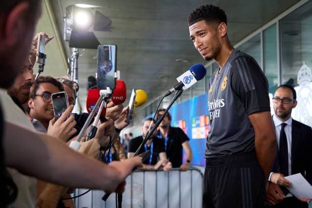 Jude Bellingham of Real Madrid CF during the team training session at the Real Madrid Open Media Day ahead of the UEFA Champions League Final against Borussia Dortmund at Valdebebas training ground on May 27, 2024 in Madrid, Spain (Photo by: LGM Panoramic) FOOTBALL : media day - Real Madrid - 27 05 2024 LGM Panoramic 