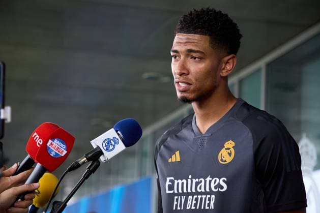 Jude Bellingham of Real Madrid CF during the team training session at the Real Madrid Open Media Day ahead of the UEFA Champions League Final against Borussia Dortmund at Valdebebas training ground on May 27, 2024 in Madrid, Spain (Photo by: LGM Panoramic) FOOTBALL : media day - Real Madrid - 27 05 2024 LGM Panoramic 