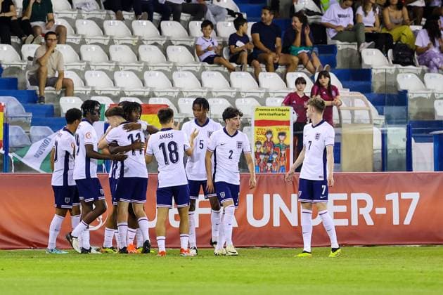 Larnaca, Cyprus, May 27th 2024: Players of England celebrate scoring (1-0) during the UEFA European Under-17 Championship match between England and Spain at Antonis Papadopoulos Stadium, in Larnaca, Cyprus. (Chara Savvidou SPP) Copyright: xCharaxSavvidoux xSPPx spp-en-ChSaSp-CHA_9825