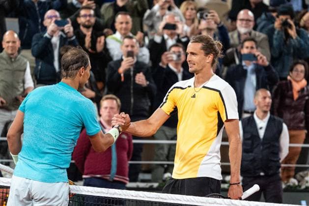 French Open - Nadal Loses On Possible Farewell Spain s Rafael Nadal (R) checks hands with the winner Germany s Alexander Zverev after their men s singles match on Court Philippe-Chatrier on day two of the French Open tennis tournament at the Roland Garros Complex in Paris on May 27, 2024. Nadal s return to the French Open, and possible farewell, ended at the first hurdle as the 14-time winner lost to Alexander Zverev. The 22-time Grand Slam champion was beaten 6-3 7-6 (7-5) 6-3 by the in-form German fourth seed. Nadal has become synonymous with Roland Garros but, in front of a partisan crowd, he could not replicate the level which has made him almost unbeatable on the Paris clay. Photo by Alexis Jumeau ABACAPRESS.COM PARIS France  Copyright: xJumeauxAlexis ABACAx