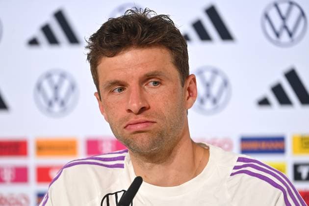 Thomas MUELLER, Aktion,Einzelbild,angeschnittenes Einzelmotiv,Portraet,Portrait,Porträt. PRESSEKONFERENZ. Deutsche Fussball Nationalmannschaft,Fussball Trainingslager in Blankenhain Thueringen am 27.05.2024, Â