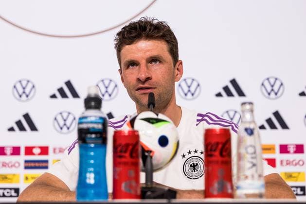 DFB Trainingslager Pressekonferenz; 28.05.2024 Thomas Müller (Deutschland) DFB Trainingslager Pressekonferenz; Blankenhain, Golf&Spa Resort Weimarer Land am 28.05.2024 Copyright: xBEAUTIFULxSPORTS Wunderlx