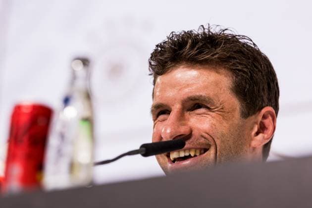 DFB Trainingslager Pressekonferenz; 28.05.2024 Thomas Müller (Deutschland) lacht, lachend DFB Trainingslager Pressekonferenz; Blankenhain, Golf&Spa Resort Weimarer Land am 28.05.2024 Copyright: xBEAUTIFULxSPORTS Wunderlx