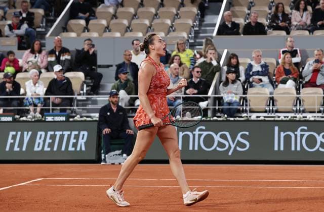 (240529) -- PARIS, May 29, 2024 -- Aryna Sabalenka of Belarus reacts during the women s singles first round match between Aryna Sabalenka of Belarus and Erika Andreeva of Russia at the French tennis tournament at Roland Garros in Paris, France, on May 28, 2024. ) (SP)FRANCE-PARIS-TENNIS-FRENCH OPEN-WOMEN S SINGLES GaoxJing 