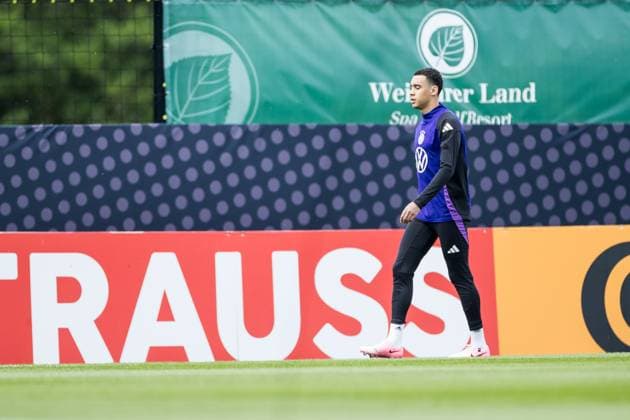 DFB Trainingslager Training; 29.05.2024 Jamal Musiala (Deutschland) auf dem Weg zum Trainingsplatz DFB Trainingslager Training; Blankenhain, Golf&Spa Resort Weimarer Land am 29.05.2024 Copyright: xBEAUTIFULxSPORTS Wunderlx
