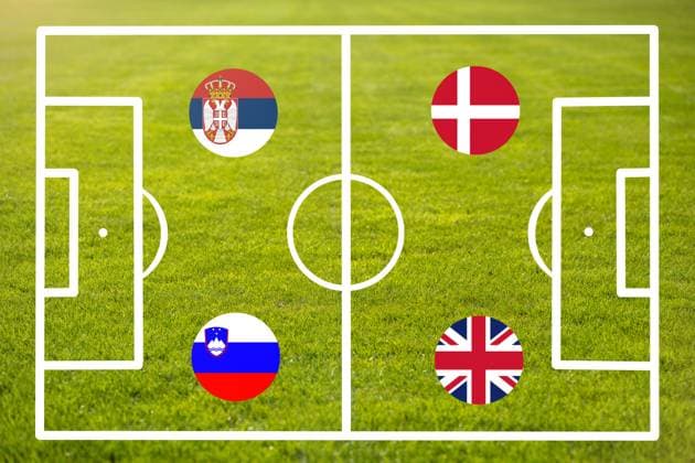 Germany - 29 May 2024: Starting line-up for the EURO 2024 soccer championship on a pitch with national flags. Group C with Slovenia, Denmark, Serbia and England. PHOTOMONTAGE
