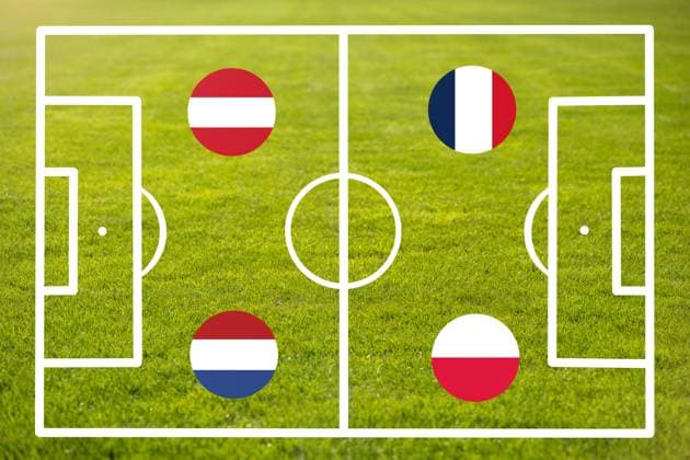 Germany - 29 May 2024: Starting line-up for the EURO 2024 soccer championship on a pitch with national flags. Group D with Poland, Netherlands, Austria and France. PHOTOMONTAGE