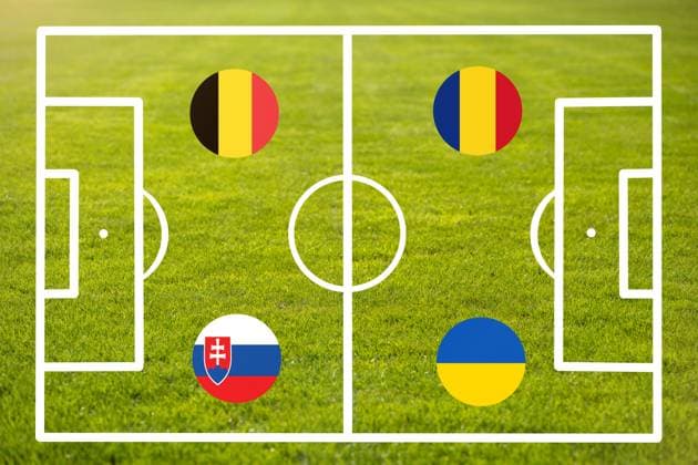 Germany - 29 May 2024: Starting line-up for the EURO 2024 soccer championship on a pitch with national flags. Group E with Belgium, Slovakia, Romania and Ukraine. PHOTOMONTAGE