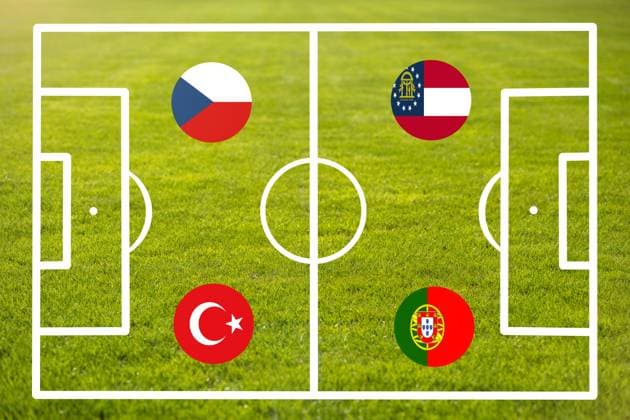 Germany - 29 May 2024: Starting line-up for the EURO 2024 soccer championship on a pitch with national flags. Group F with Turkey, Georgia, Portugal and the Czech Republic. PHOTOMONTAGE