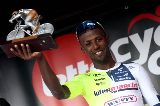 Sport Themen der Woche KW22 Sport Bilder des Tages Circuit Franco Belge 2024 - Lotto Cycling Cup MONT DE L ENCLUS, BELGIUM - MAY 29 : Girmay Biniam (ERI) of Intermarche - Wanty pictured during the podium ceremony of the UCI 1.1 Europe Tour 2024 83th Circuit Franco Belge, a race of 190,6 kms with start in Tournai and finish in Mont de L enclus part of the Lotto Cycling Cup, an organization of Pro Cycling Events, combines nine one-day races into a regularity criterion on May 29, 2024 in Mont de L enclus, Belgium, 29 05 2024 ( Motordriver Guy De Vuyst & Mont de L enclus Belgium  Copyright: xTomasxSiskx