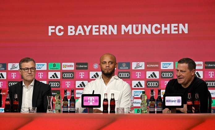 Sport Themen der Woche KW22 30.05.2024, Fussball 1. Bundesliga 2024 2025, FC Bayern München, Vorstellungs-PK Trainer Vincent Kompany, in der Allianz-Arena München. v.l. Vorstandsvorsitzender Jan-Christian Dreesen (FC Bayern München), Trainer Vincent Kompany (FC Bayern München) und Manager Max Eberl (FC Bayern München) *** 30 05 2024, Football 1 Bundesliga 2024 2025, FC Bayern Munich, Presentation PK Coach Vincent Kompany, in the Allianz Arena Munich f l Chairman of the Board Jan Christian Dreesen FC Bayern Munich , Coach Vincent Kompany FC Bayern Munich and Manager Max Eberl FC Bayern Munich