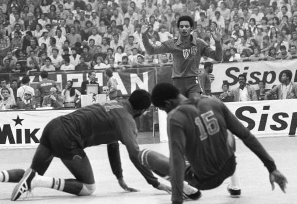 Rome, Italy. Cuban volleyball player Raul Vilches (back, no. 6) competes during a match between Cuba and South Korea at the Palazzetto dello stadium. The Cuban team won with the total score of 3:2. Igor Utkin TASS  15641840