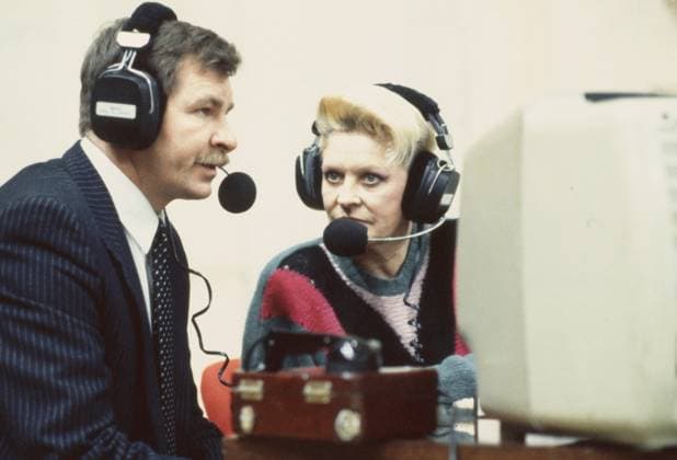 Moscow, USSR. Coach of the Ã rofessional Basketball Club CSKA Moscow Ivan Edeshko gives an interview to Central Television announcer, sports commentator Nina Yeryomina after the match of the FIBA Korac Cup basketball club competition between the teams CSKA (Moscow, USSR) and Fanola (Caserta, Italy) at the CSKA Universal Sports Hall. The Soviet team won with a score of 82:70. Igor Utkin TASS  32454006