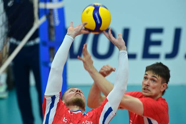L-R Lubos Bartunek and Jakub Klajmon (both CZE) in action during the CEV Volleyball European Golden League 2024, match Finland vs Czechia, in Karlovy Vary, Czech Republic, on May 30, 2024. (CTKxPhoto SlavomirxKubes) CTKPhotoP2024053007774  CTKPhotoP2024053007774