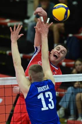 L-R Joonas Jokela (FIN) and Lukas Vasina (CZE) in action during the CEV Volleyball European Golden League 2024, match Finland vs Czechia, in Karlovy Vary, Czech Republic, on May 30, 2024. (CTKxPhoto SlavomirxKubes) CTKPhotoP2024053007783  CTKPhotoP2024053007783