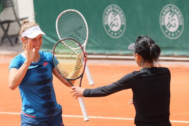 Belgian Elise Mertens and Chinese Taipei s Su-Wei Hsieh celebrate after winning a tennis match between Chinese Taipei - Belgian pair Hsieh Mertens and Japanese - Slovakian pair Aoyama Krunic, in the first round of the women s doubles, at the Roland Garros French Open tennis tournament, in Paris, France, Friday 31 May 2024. This year s tournament takes place from 26 May to 09 June. BENOITxDOPPAGNE  x93702354x