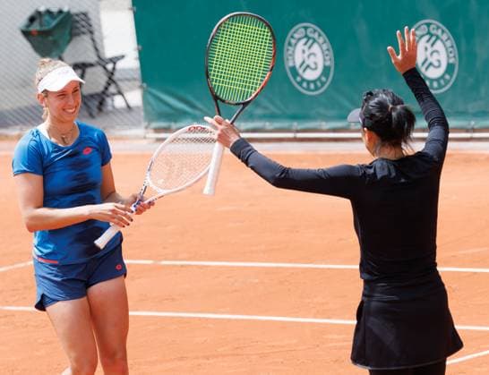 Belgian Elise Mertens and Chinese Taipei s Su-Wei Hsieh celebrate after winning a doubles tennis match against Japanese - Slovakian pair Aoyama Krunic, in the first round of the women s doubles, at the Roland Garros French Open tennis tournament, in Paris, France, Friday 31 May 2024. This year s tournament takes place from 26 May to 09 June. BENOITxDOPPAGNE  x93716413x