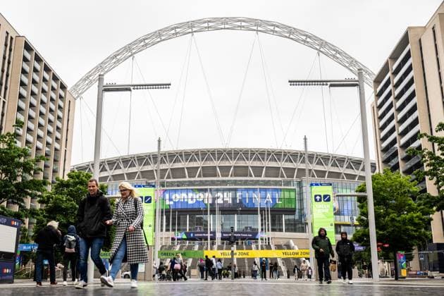240531 General exterior view of Wembley Stadium ahead of the UEFA Champions League final between Dortmund and Real Madrid on May 31, 2024 in London. Photo: Petter Arvidson BILDBYRAN kod PA PA0815 fotboll football soccer fotball champions league förhand inför preview real madrid bbeng borussia dortmund final Wembley Stadium arena interiör Copyright: PETTERxARVIDSON BB240531PA005