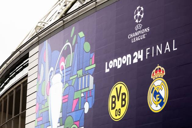 240531 Signs ahead of the UEFA Champions League final between Dortmund and Real Madrid on May 31, 2024 in London. Photo: Petter Arvidson BILDBYRAN kod PA PA0815 fotboll football soccer fotball champions league förhand inför preview real madrid bbeng borussia dortmund final Copyright: PETTERxARVIDSON BB240531PA021