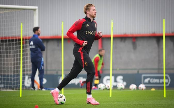 EURO 2024, Nationalteam Belgien Training Belgium s Kevin De Bruyne pictured in action during a training session of the Belgian national soccer team Red Devils, at the Royal Belgian Football Association s training center in Tubize, Saturday 01 June 2024. The Red Devils are preparing for the Euro 2024 European Championships in Germany. VIRGINIExLEFOUR  x93773133x