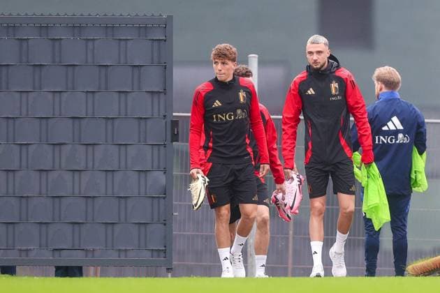 EURO 2024, Nationalteam Belgien Training Belgian National Football Team Media Activities 01 06 2024 TUBIZE, BELGIUM - JUNE 01 : Engels Arne midfielder of Belgium and Debast Zeno defender of Belgium during a training session prior to the friendly matches against Montenegro, Luxemburg and Slovakia at the RBFA Headquarters on June 01, 2024 in Tubize, Belgium, 01 06 2024  Copyright: xTomasxSiskx